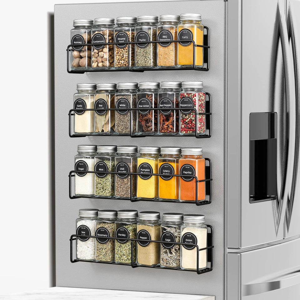 VITEVER magnetic spice rack 4-pack on fridge keeps spices organized and accessible.