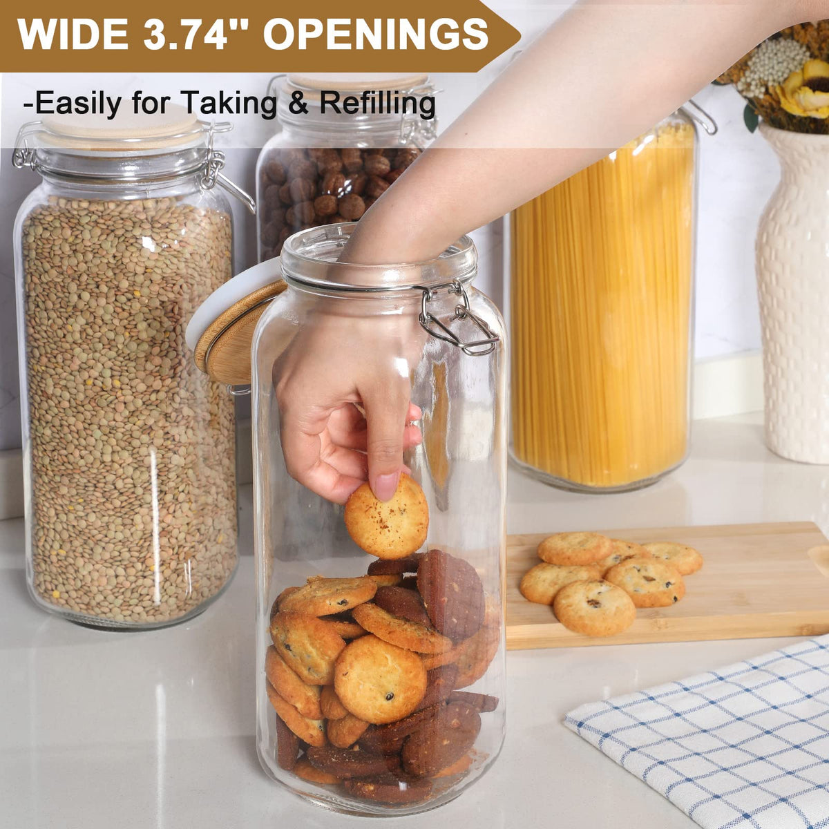 VITEVER 92oz jar designed for pasta storage and other dry ingredients in a kitchen.
