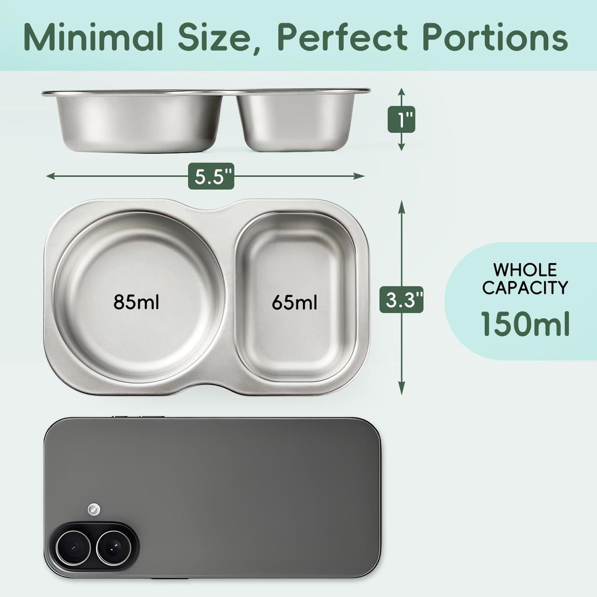 VITEVER stainless steel snack pack with two compartments and silicone lid.