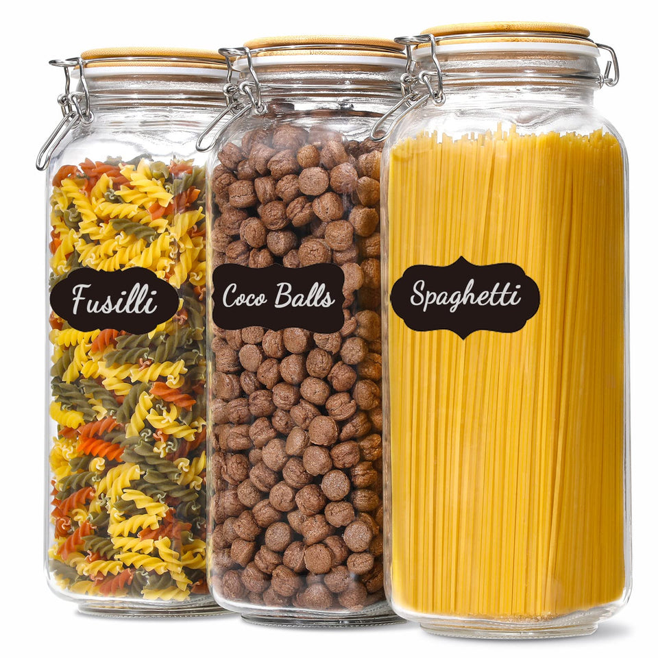 VITEVER Taller 92oz glass jar with airtight lid keeps pasta visible on pantry shelf.