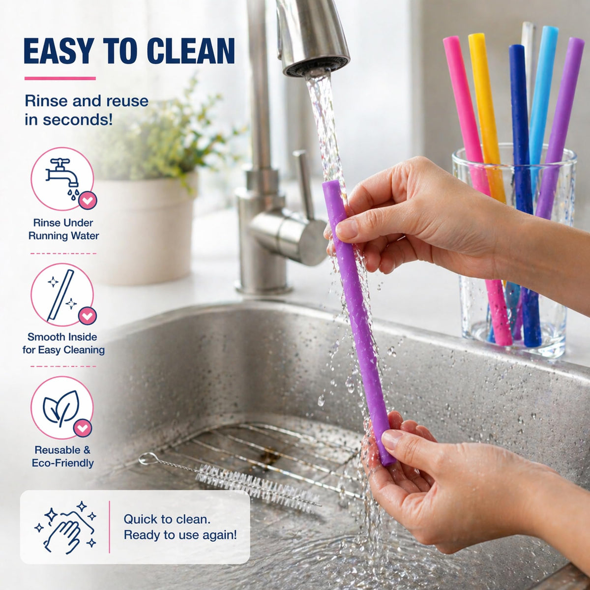 Dishwasher-safe Vitrix straws enable quick cleanup after meals.