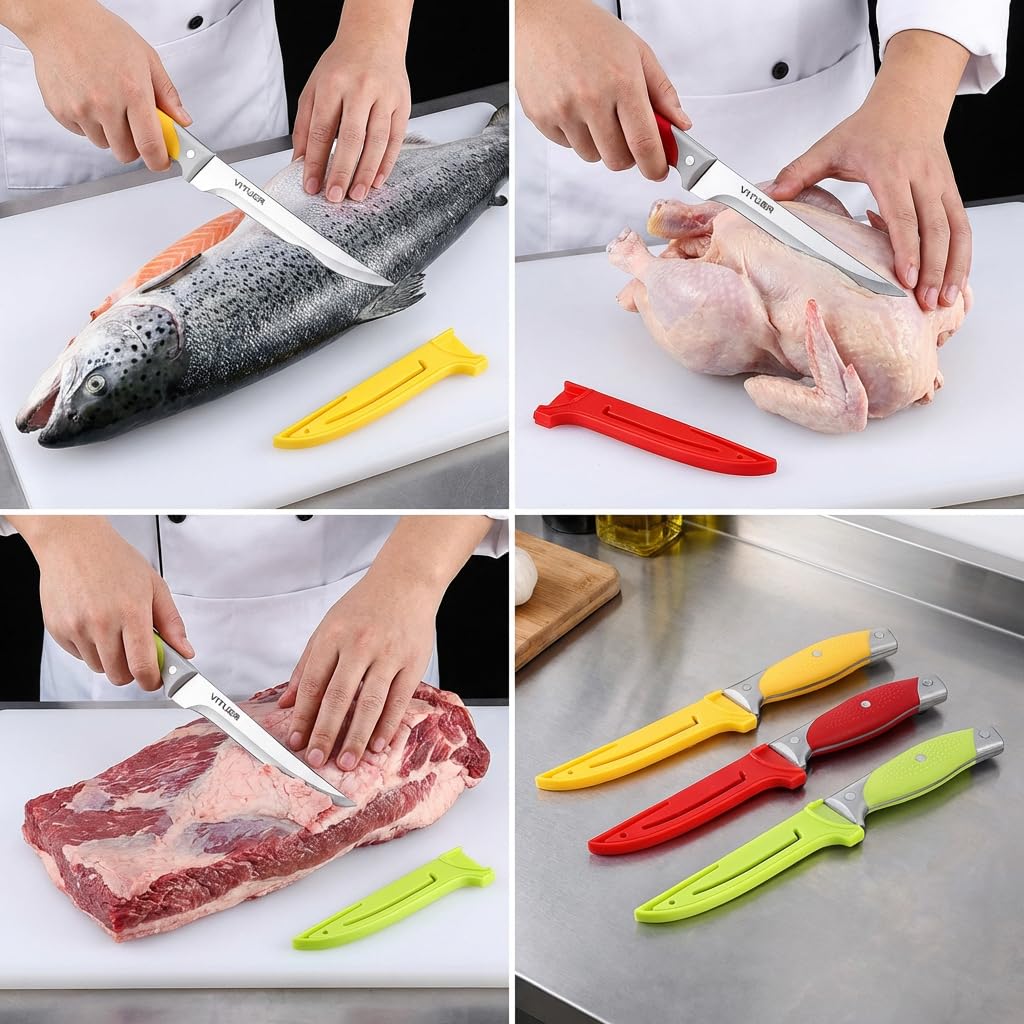 VITUER three-pack fillet knives ideal for trimming fish and poultry.