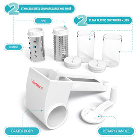 Vivaant Parmesan cheese grater interchangeable drums for fine grind on hard cheeses.