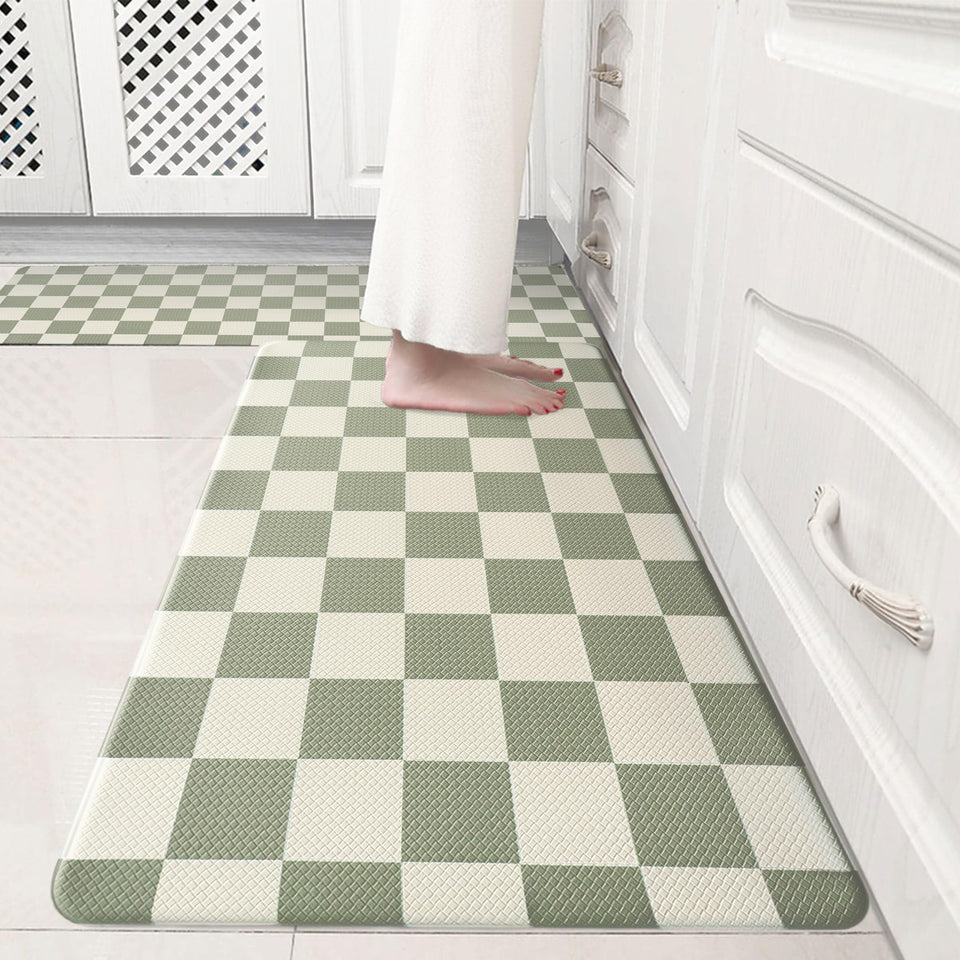 VivaNest beige sage checkered grid kitchen rug 2pc on clean floor for stylish comfort