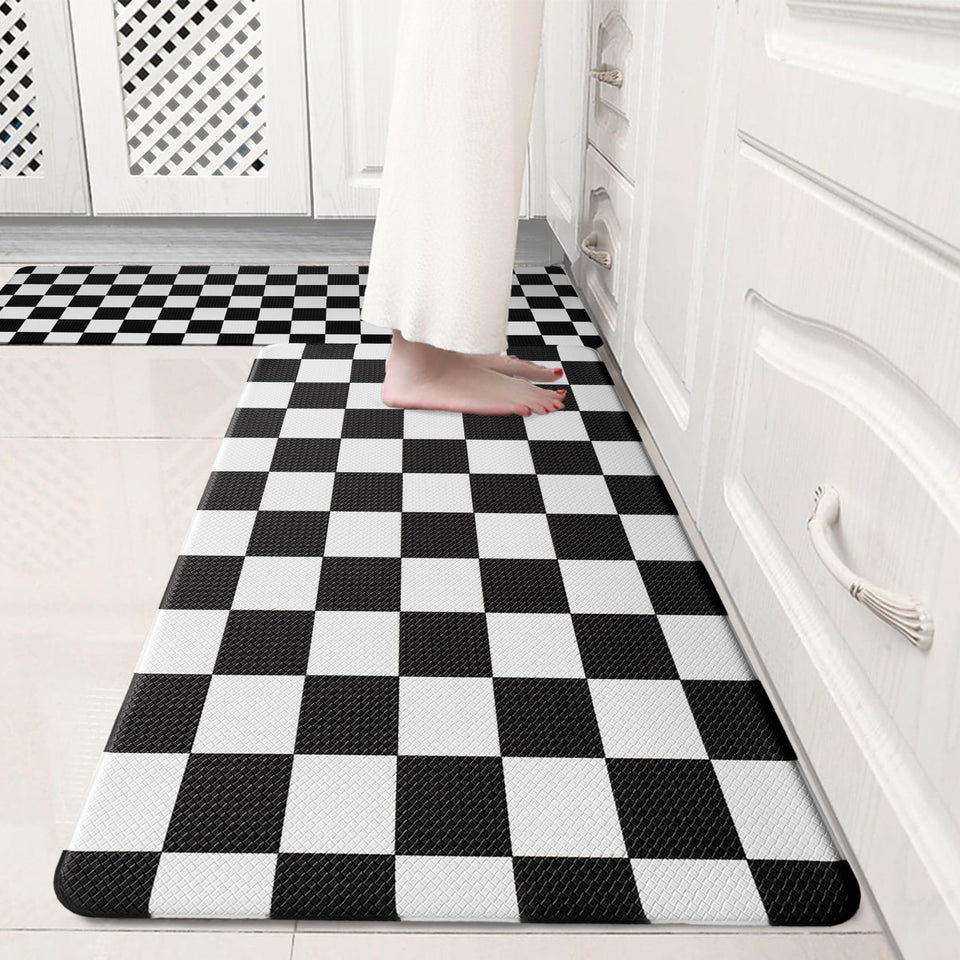 VivaNest black checkered grid kitchen rug 17x29, top view, adds sleek comfort.