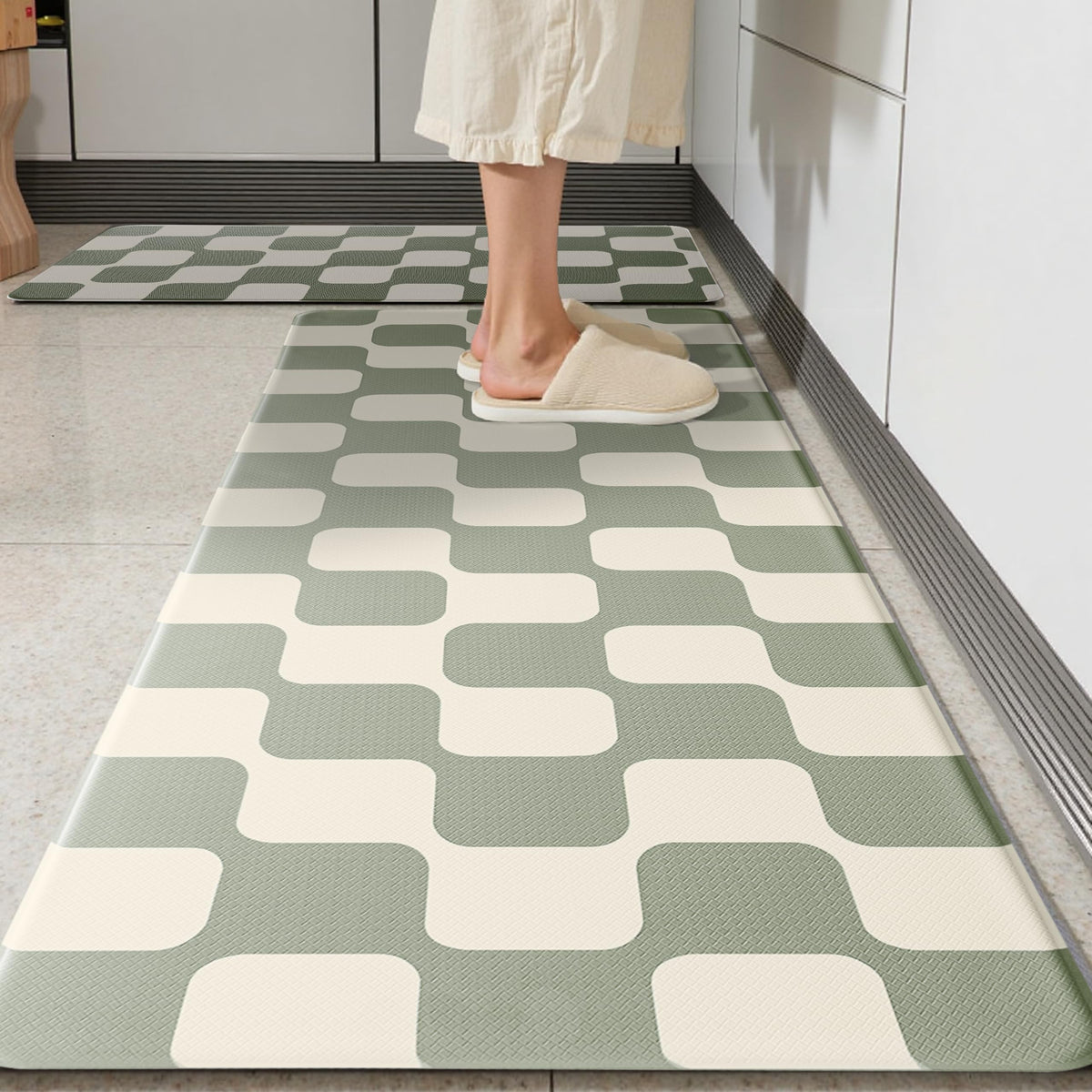 VivaNest sage-green beige retro checkered grid kitchen rug 2pc for stylish comfort while cooking