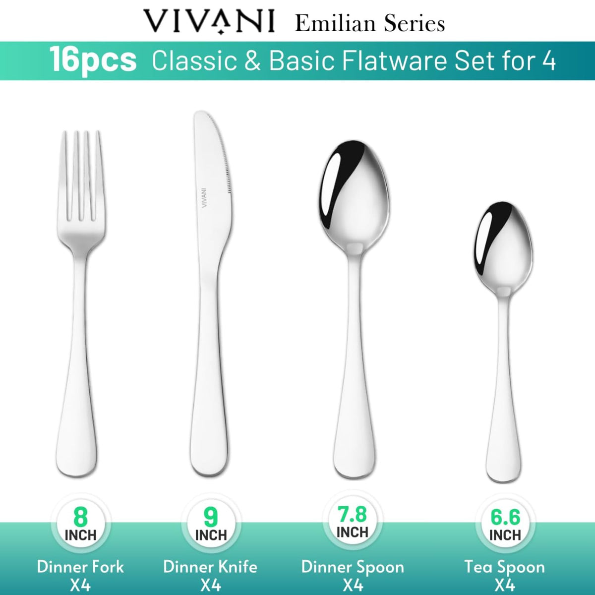VIVANI 16-piece set for 4 with dinner spoons, comfortable balanced grip.