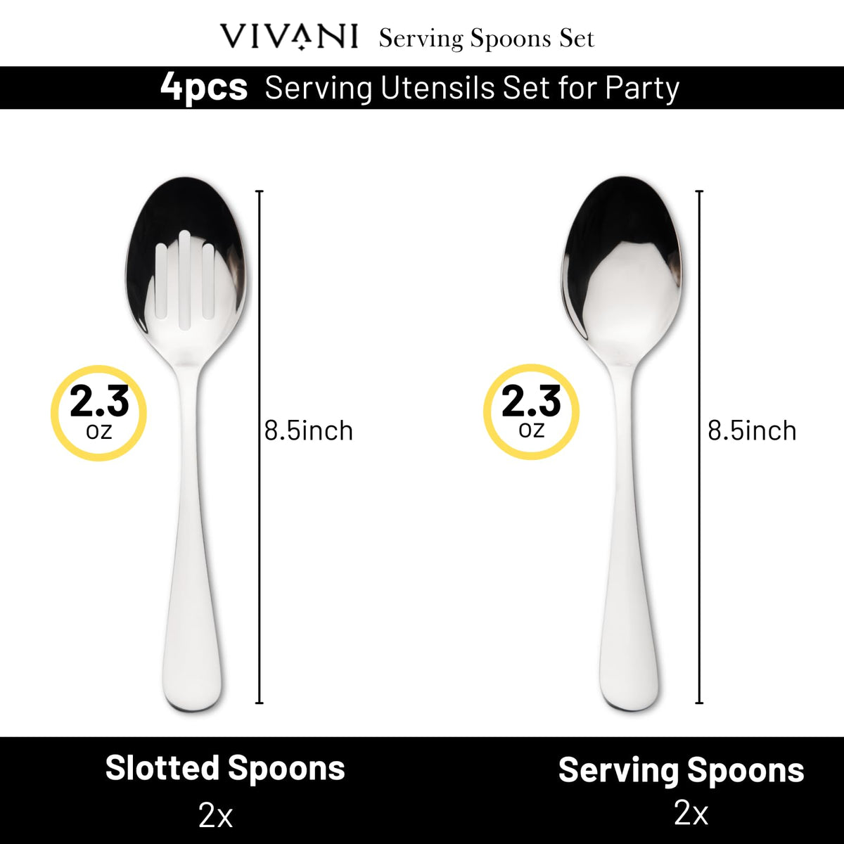 VIVANI solid serving spoons, 8.5 inches, sturdy grip for salads, pasta, and sides.