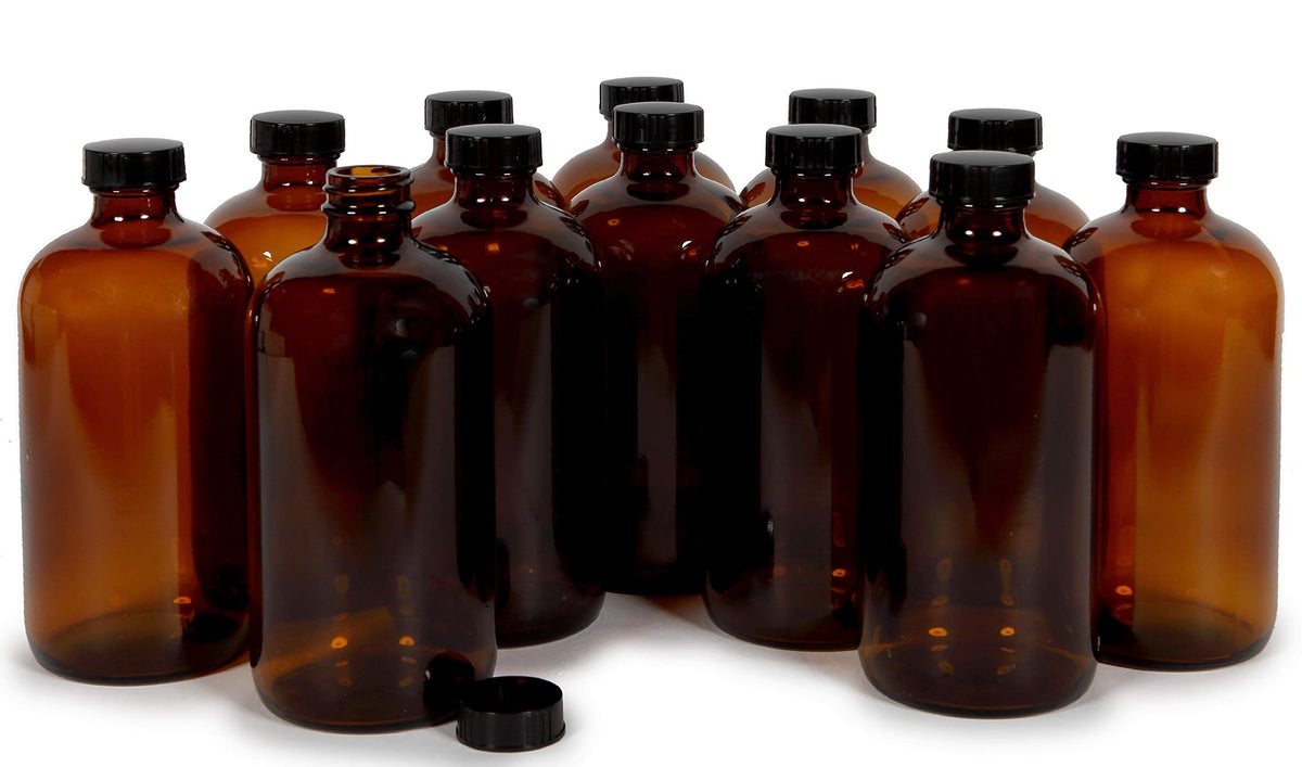 Vivaplex 16 oz amber bottle set with black lid for secure storage.