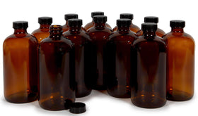 Vivaplex 16 oz amber bottle set with black lid for secure storage.