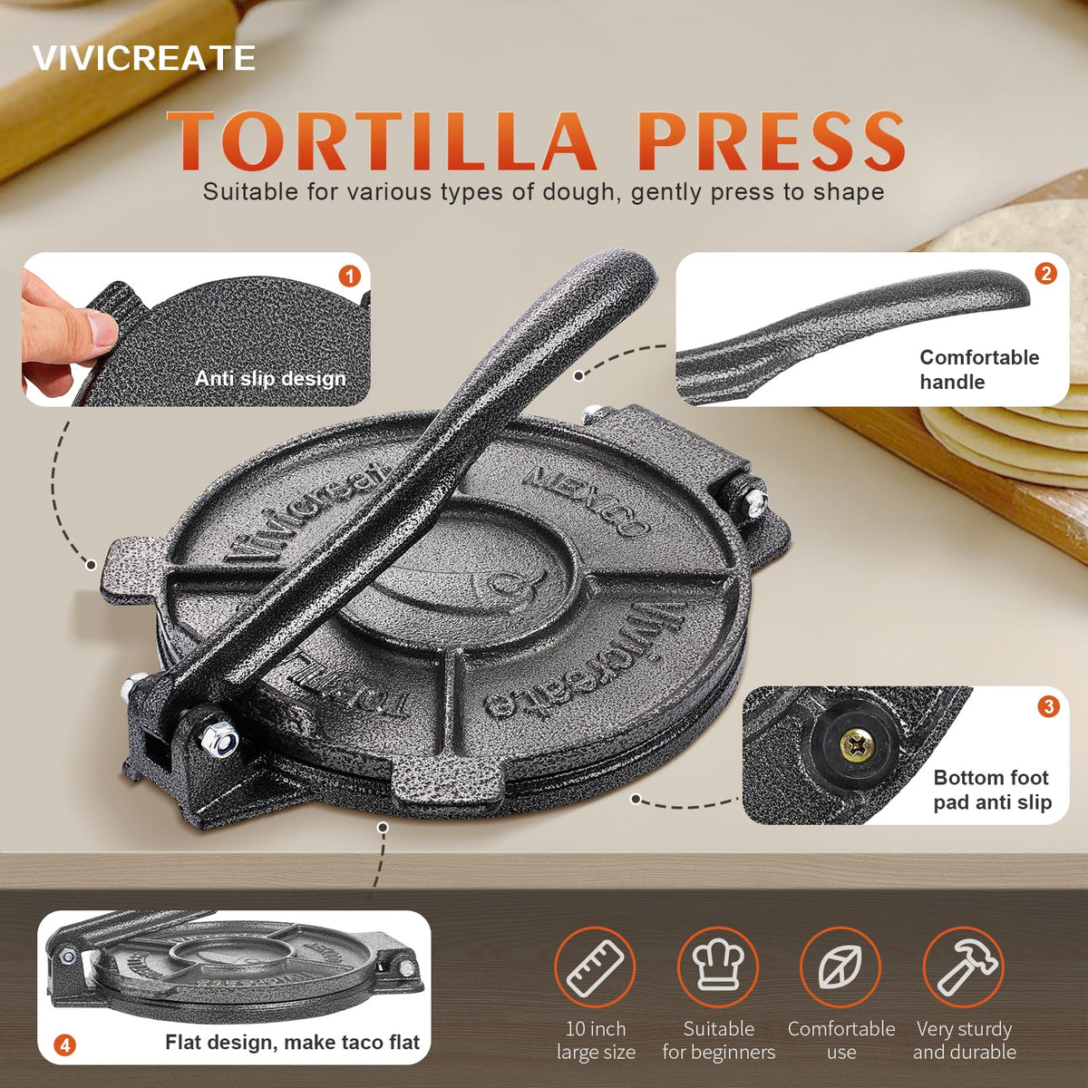 Vivicreate compact tortilla press fits neatly in small kitchens