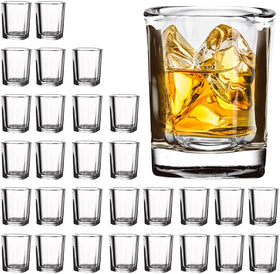 Vivimee 30-pack heavy-base square shot glasses; clear and balanced for elegant pours.