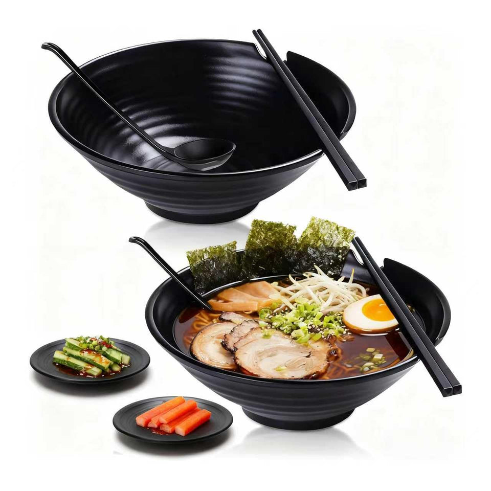 Vivimee unbreakable ramen bowl set showing two black matte bowls with chopsticks and ladle