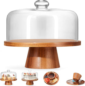 VIVIRBIEN wooden cake stand with glass dome showcases desserts with crystal-clear visibility.