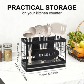 Vivise durable black metal utensil organizer for countertop or wall mounting
