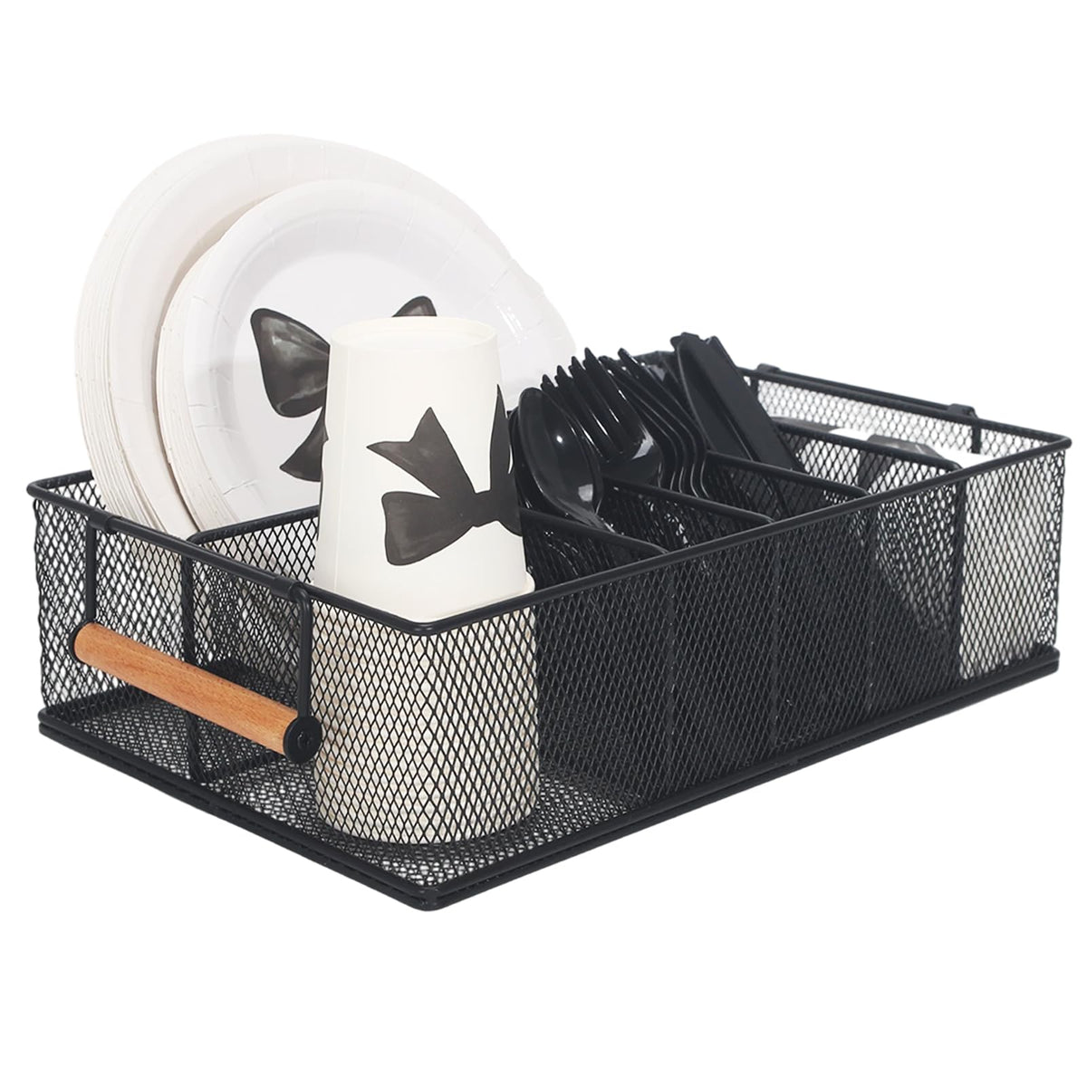Vivise paper plate holder with wooden handle keeps plates organized on countertops