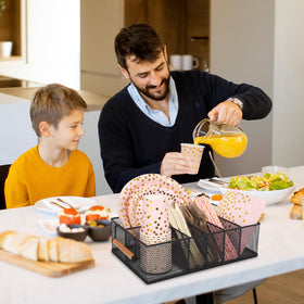 Vivise six-compartment design stores plates, cups, napkins, and utensils in one place
