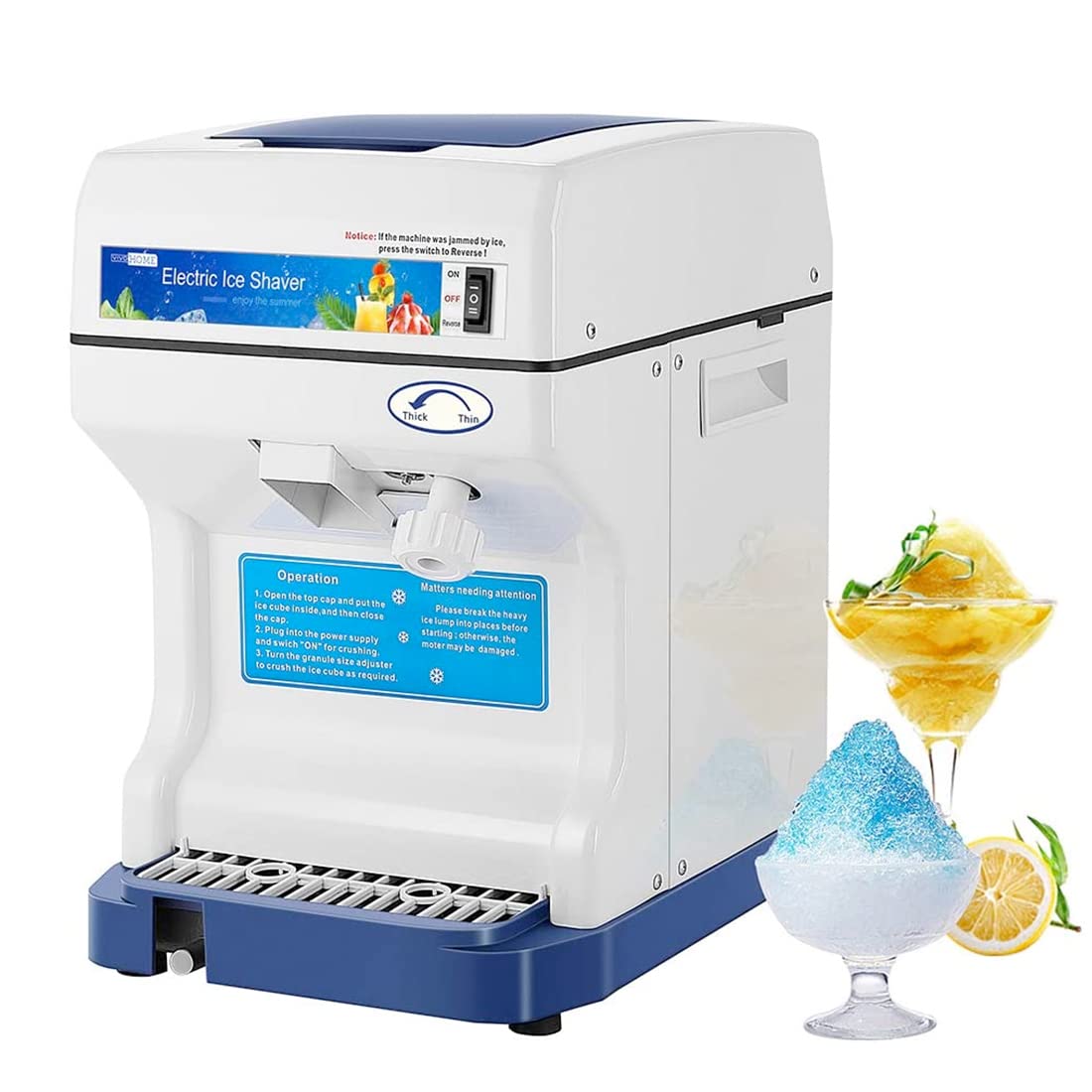 VIVOHOME electric ice crusher blue, front view for quick snow cone prep.