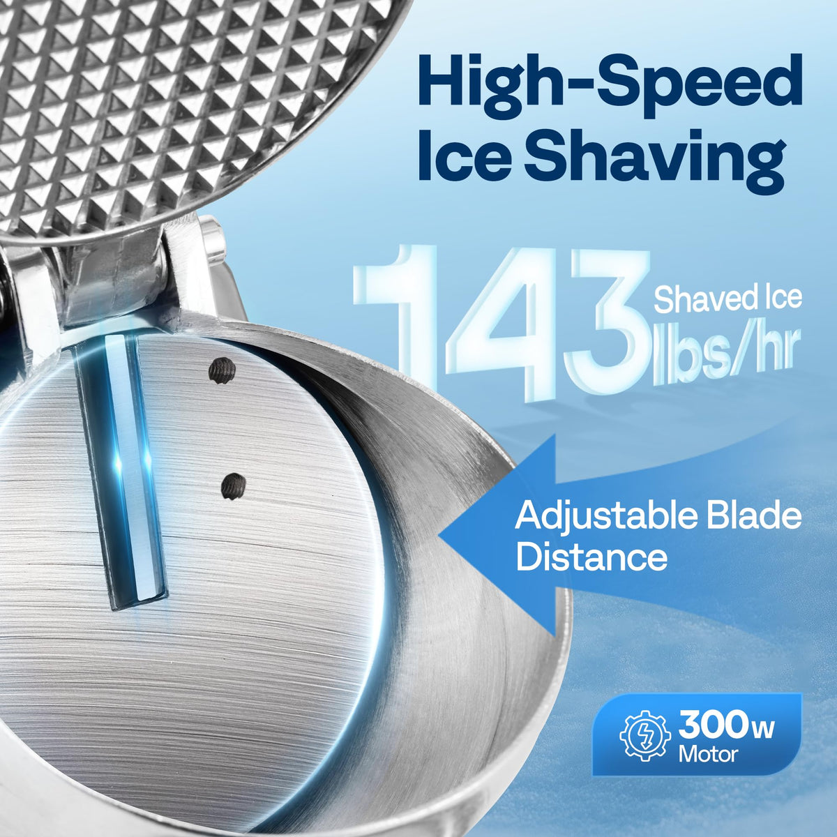 Anti-splash outlet guides ice directly into the bowl for neat counters