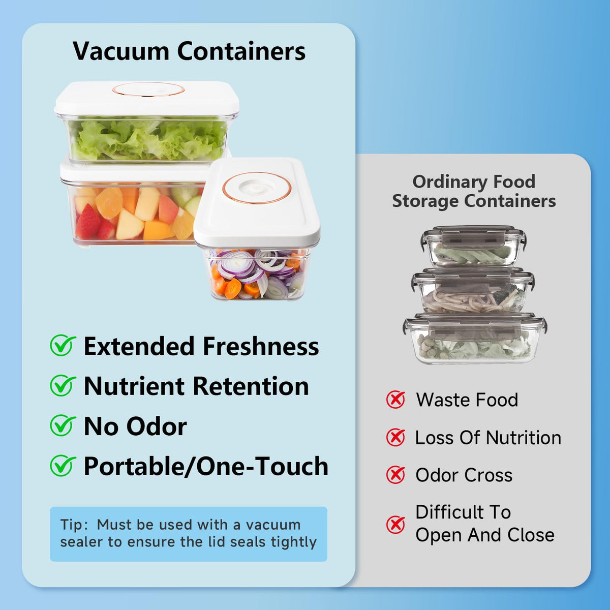 Vixino stackable design saves counter and fridge space.