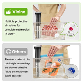 Vixino bags in 8x8 and 10x11 sizes fit diverse foods.