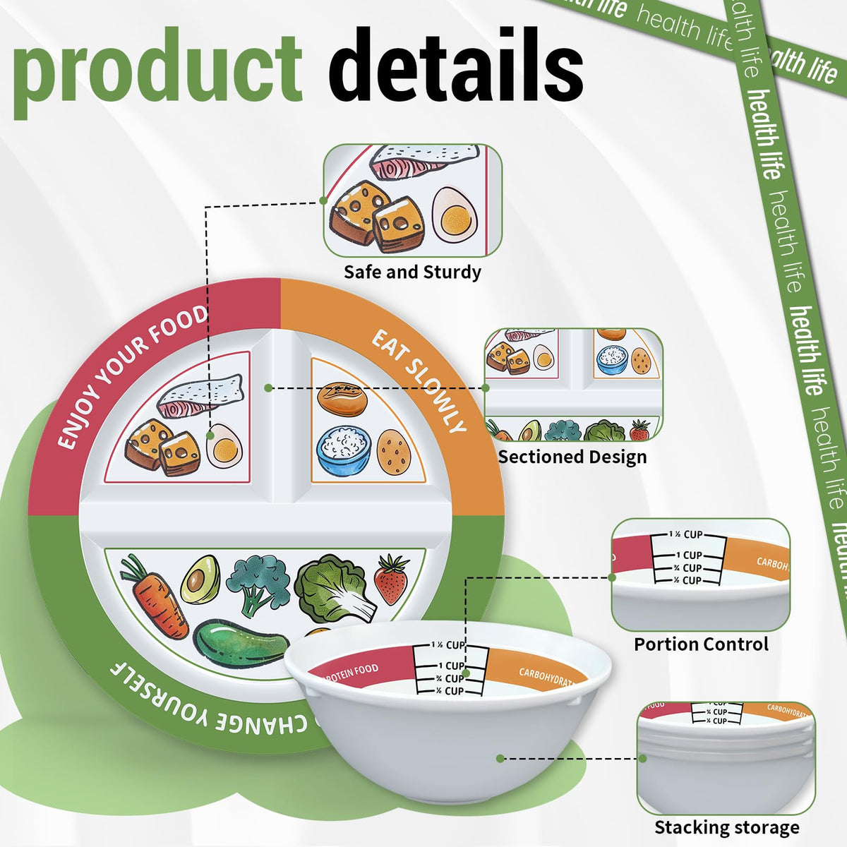 Viynran three-section plate design helps portion meals at a glance.