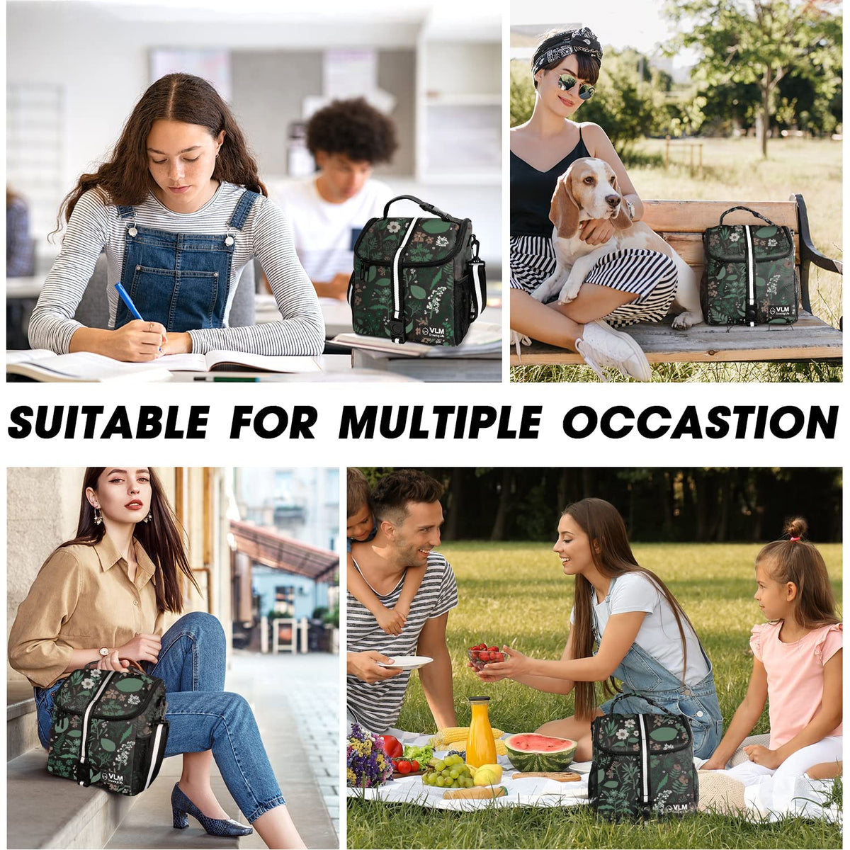 VLM large-capacity lunch bag holds meals and snacks for on the go.