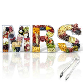 VLN DESIGNS MRS Charcuterie Letters with Clear Tongs—durable acrylic for chic bridal shower decor.
