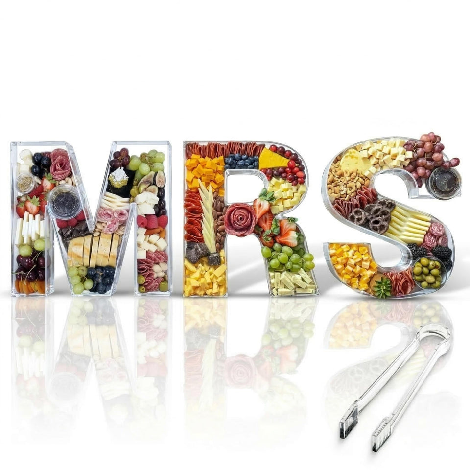 VLN DESIGNS MRS Charcuterie Letters with Clear Tongs—durable acrylic for chic bridal shower decor.