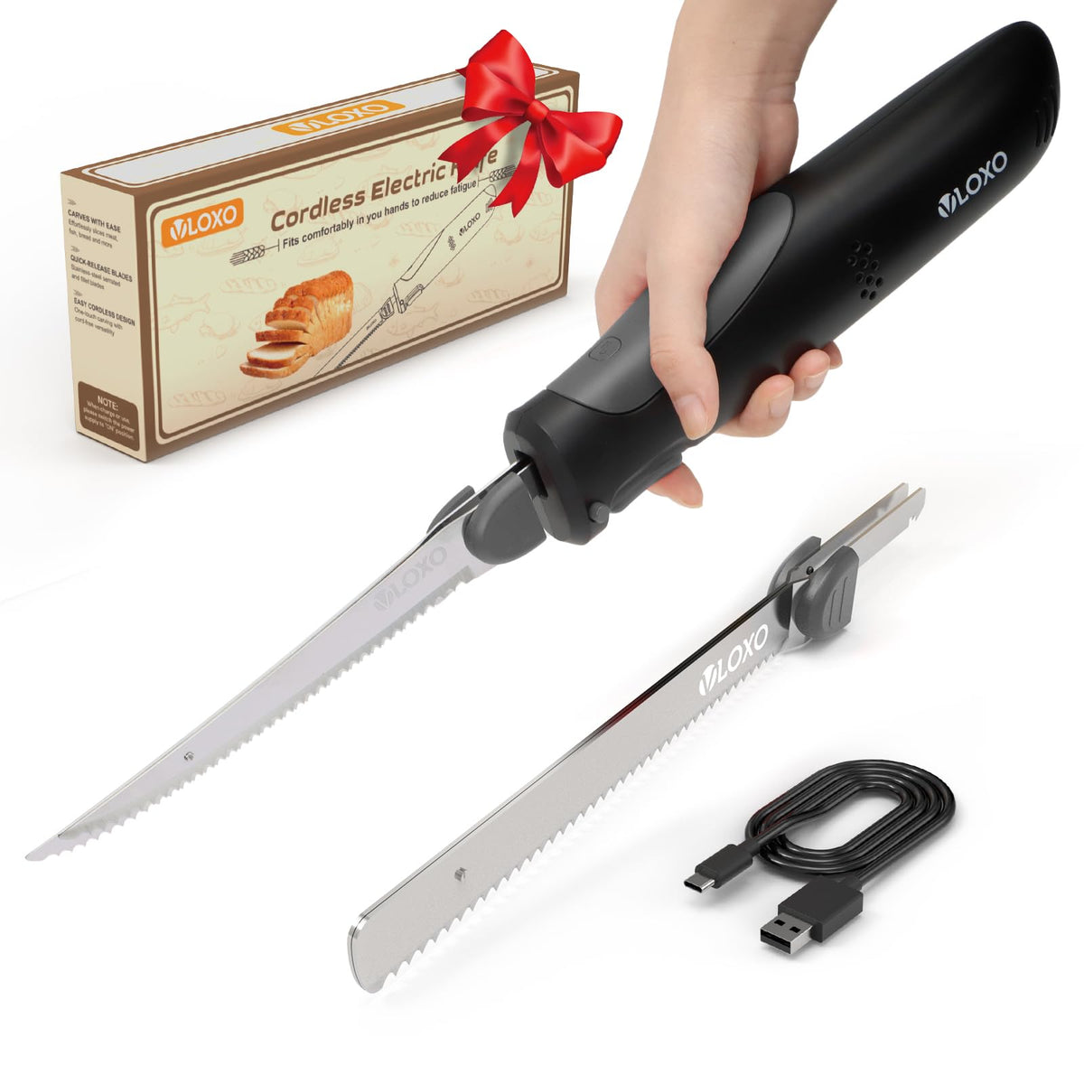 VLOXO cordless electric knife front view showcasing slim design for precise slicing.