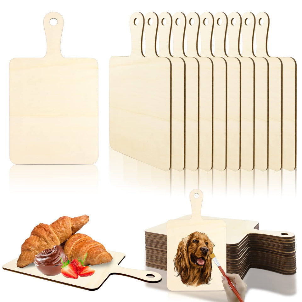Vmiapxo unfinished wood cutting board with handle, ideal for DIY decor and kitchen use.