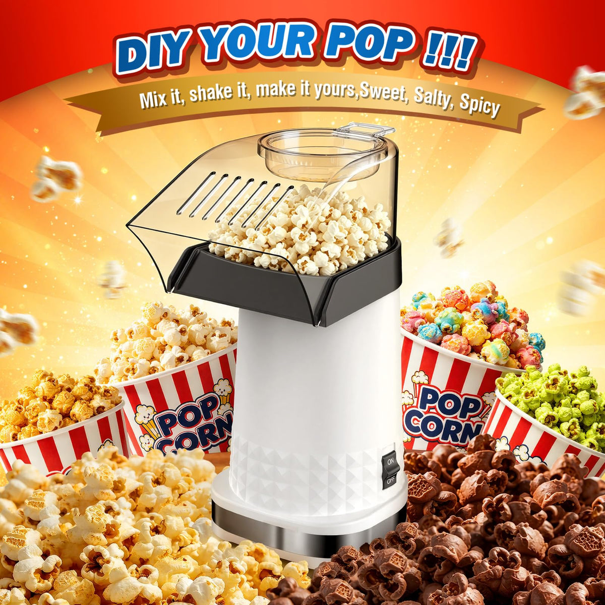 Vminno Air Popcorn Popper no-oil operation for a lighter snack.