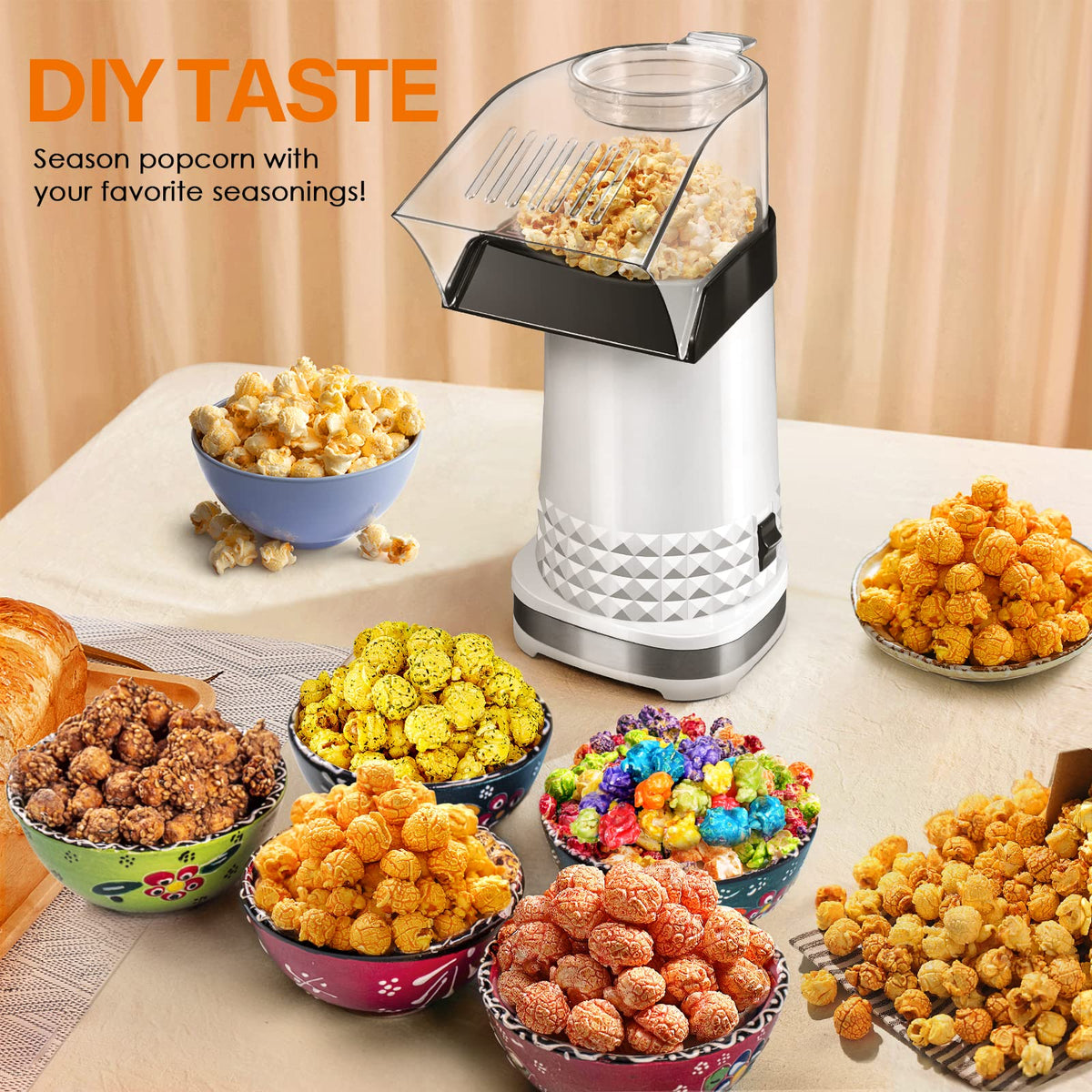 Vminno one-touch start button enables fast, simple popcorn making.