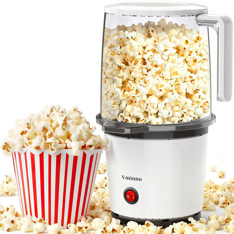 Vminno popcorn popper 2qt front view, compact design for quick, oil-free snacks.