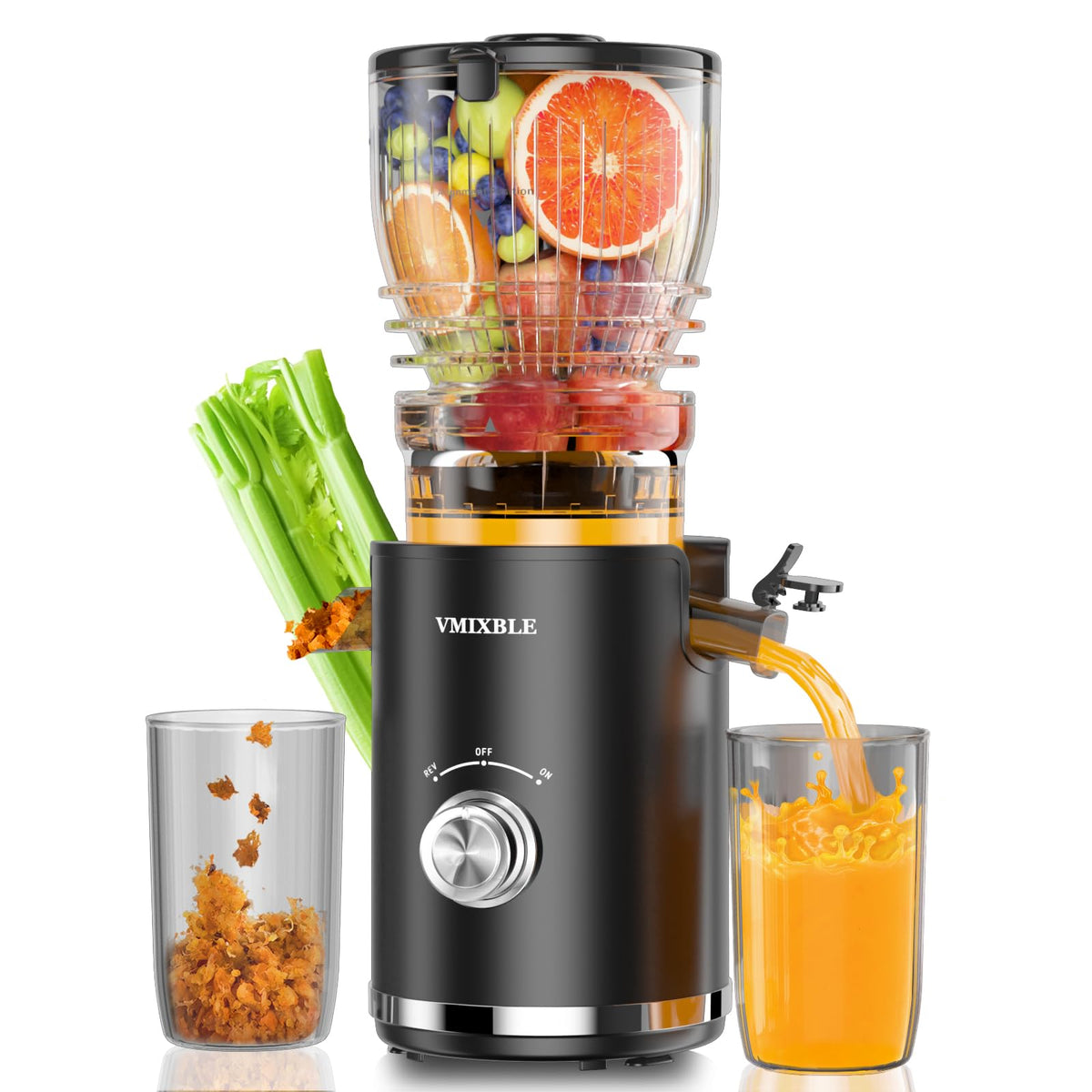 VMIXBLE juicer with wide feed chute ready for whole-fruit juicing