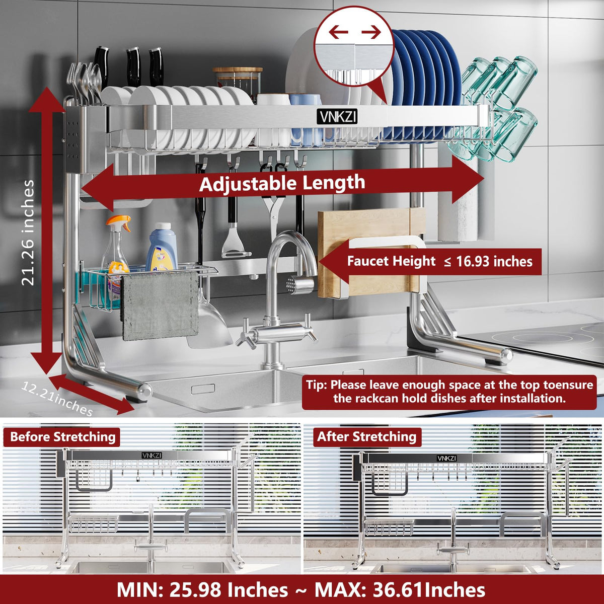 VNKZI over-sink rack extended length for larger sinks and more drying space.