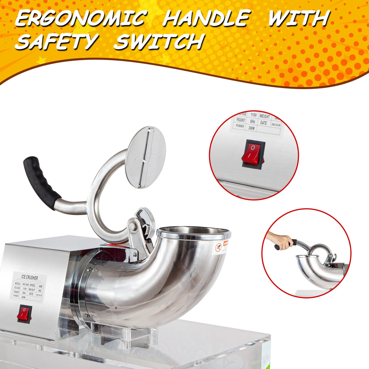 VNN 48L snow cone machine crushing action demonstrates rapid ice throughput.