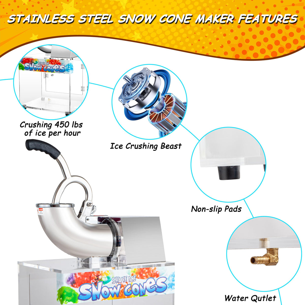 VNN 48L snow cone machine hopper closeup emphasizes sturdy stainless steel blades.