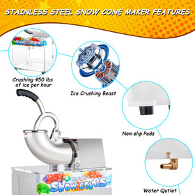 VNN 48L snow cone machine hopper closeup emphasizes sturdy stainless steel blades.