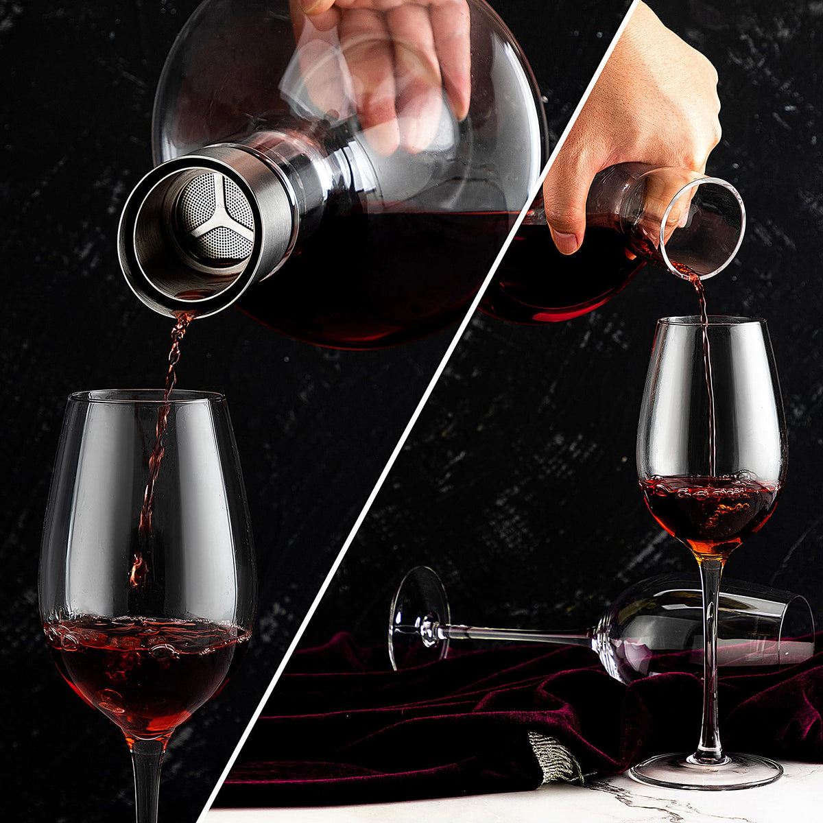 VnoPerito decanter with double-layer filter reduces impurities while aerating.