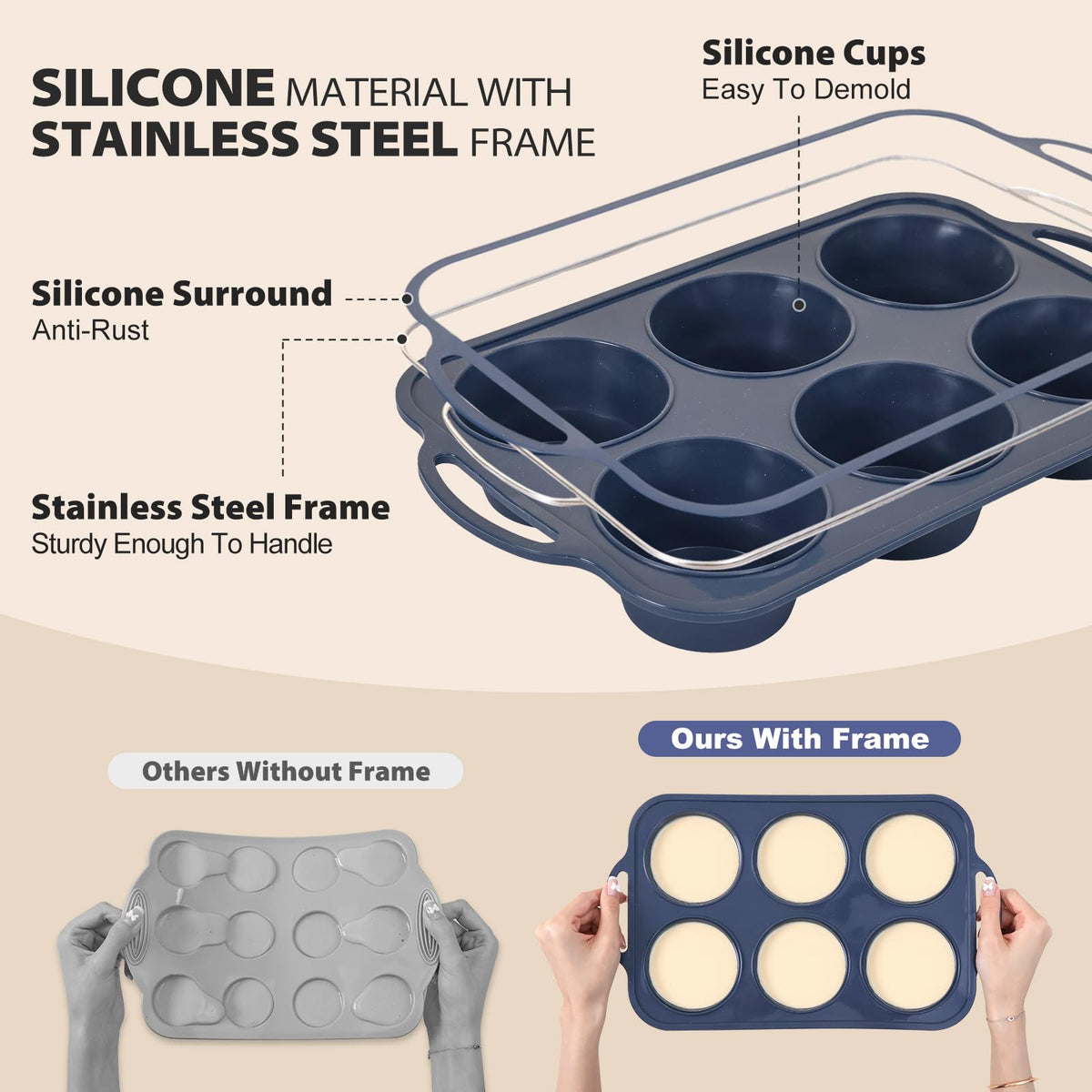 Vnray muffin pan with metal frame simplifies moving from oven to counter.