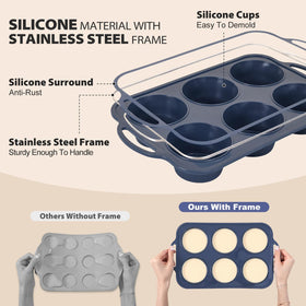 Vnray muffin pan with metal frame simplifies moving from oven to counter.