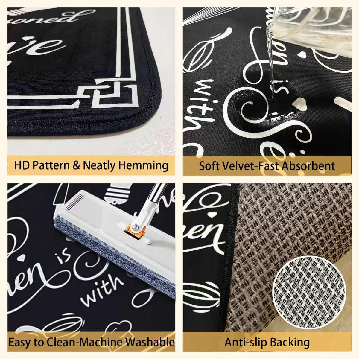 Voanos black-white rules mats 17x30 with easy-care surface for spills.