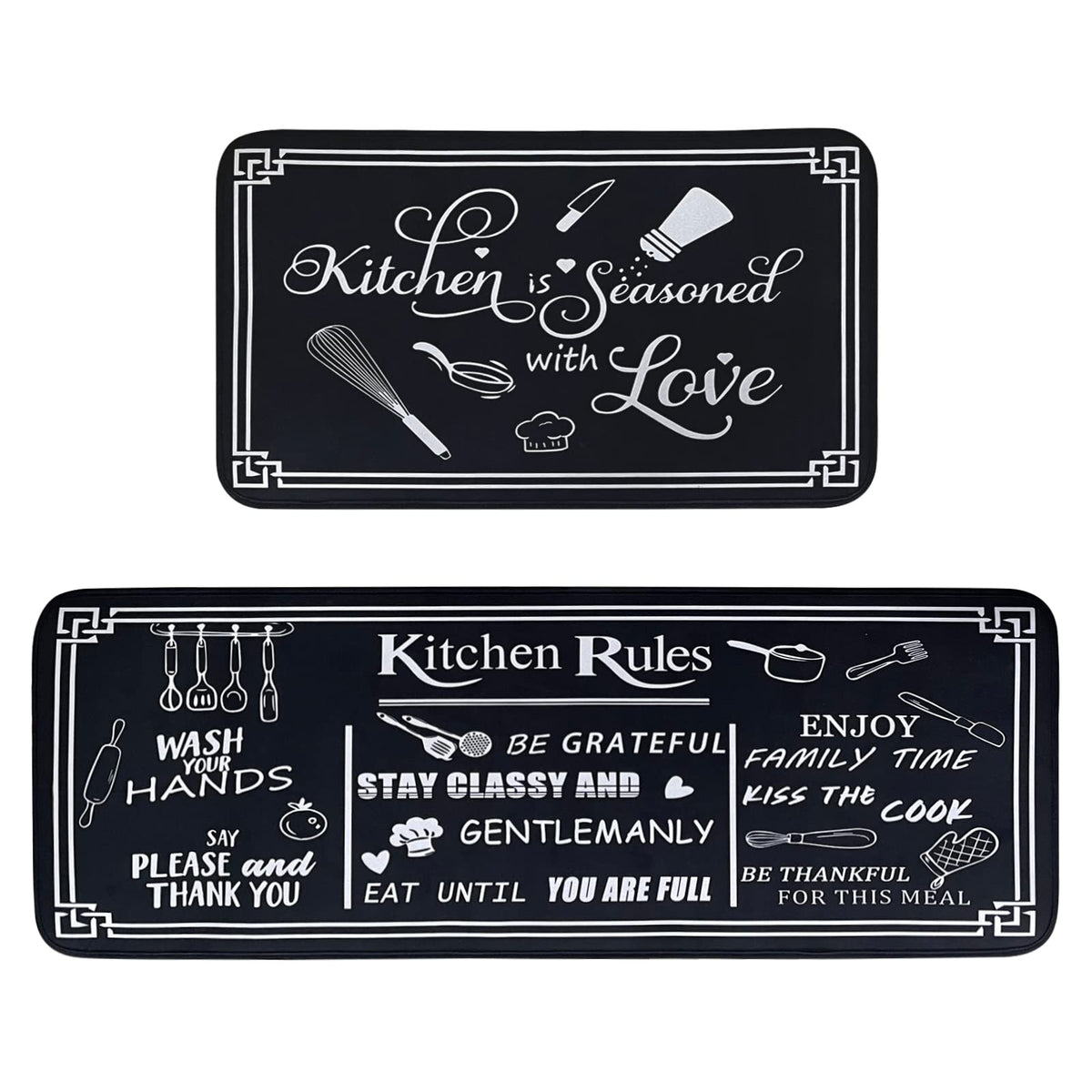 Voanos dual-runner kitchen mats set in black and white for comfortable standing.