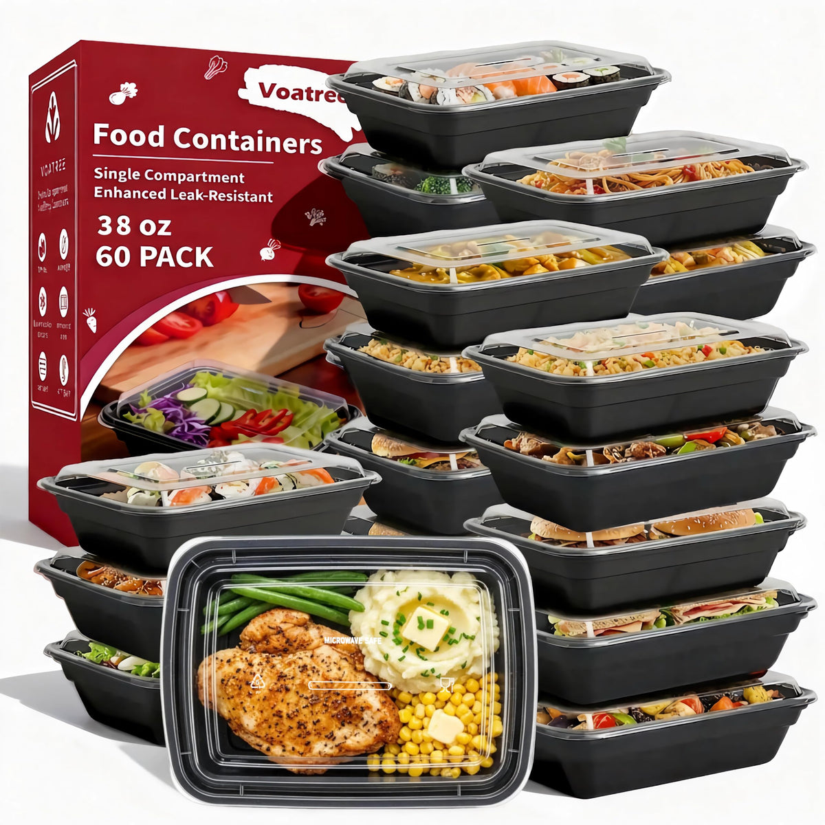 Voatree 60-pack 38oz rectangle containers for meal prep and portion control