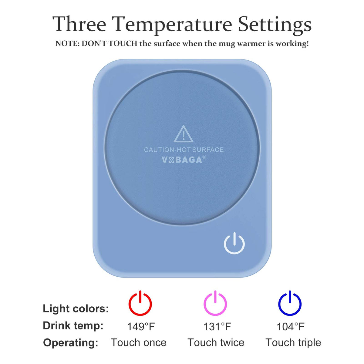 Blinking red safety indicator signals active heating on VOBAGA warmer.