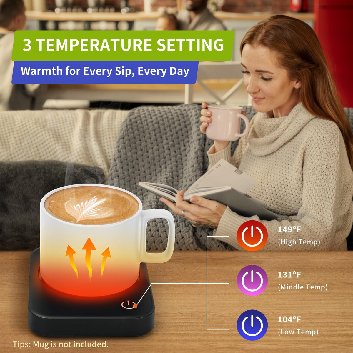 VOBAGA mug warmer with three temperature settings for precise warmth.