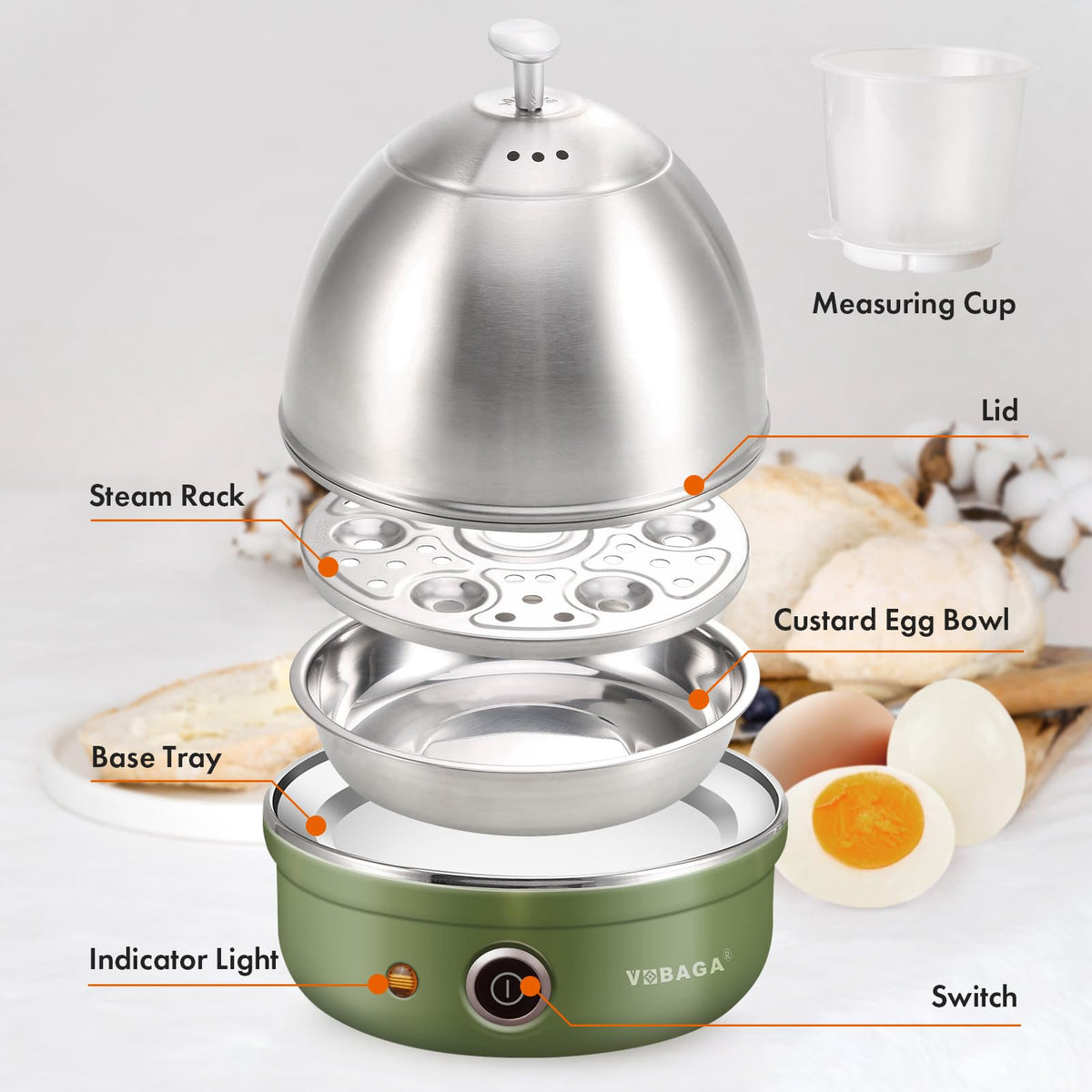 VOBAGA Egg Cooker with auto shut-off prevents overcooking.