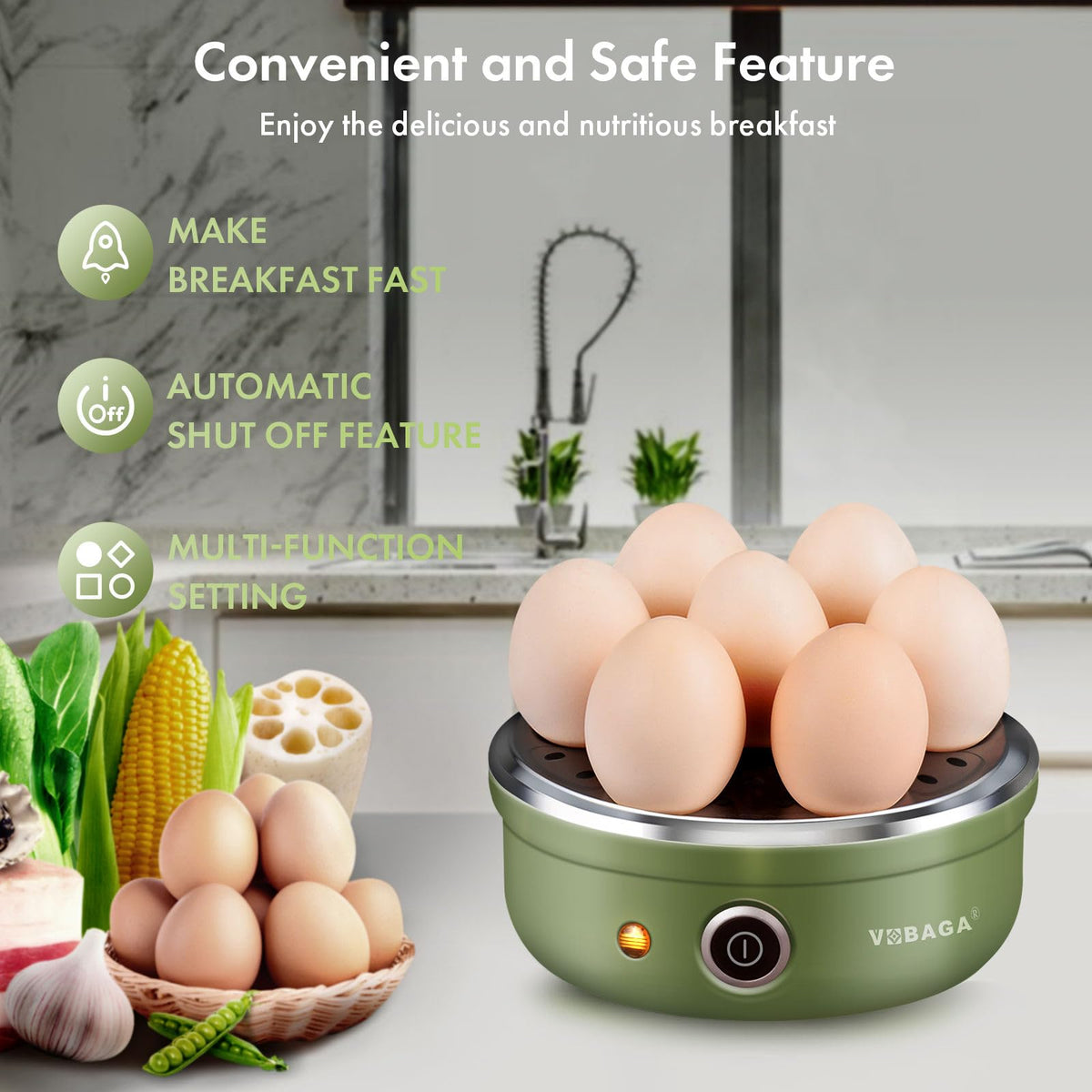 VOBAGA Egg Cooker seven-egg capacity for family breakfasts.