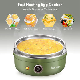 VOBAGA Egg Cooker steams vegetables and dumplings alongside eggs.